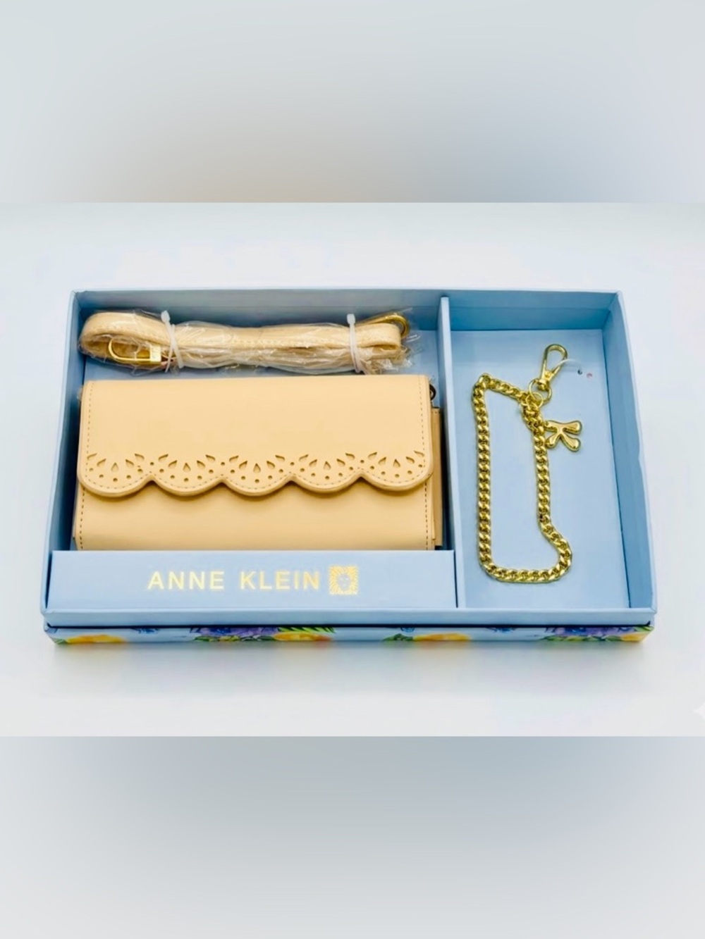 Anne Klein Peach Scalloped Crossbody Wallet with Gold Keychain